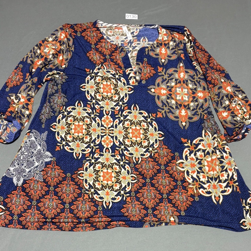 Honeyme Women Navy Blue Medallion Print Roll Tab Sleeve Tunic Top Large